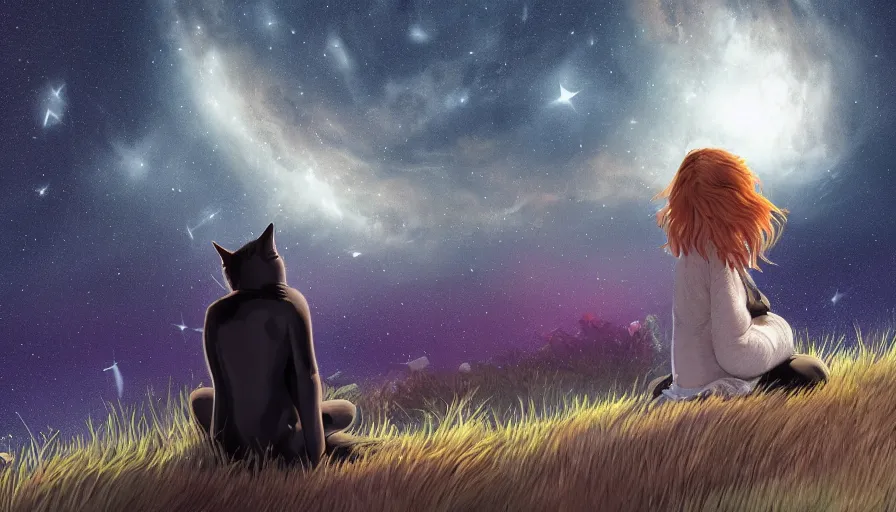 Prompt: black cat and a girl looking at the stars on a hill, stardusts, hyperdetailed, artstation, cgsociety, 8 k