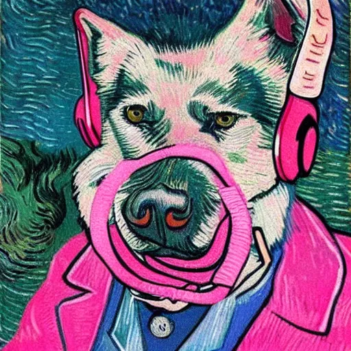 Image similar to retarded wolf portrait, van gogh style, pink headphones