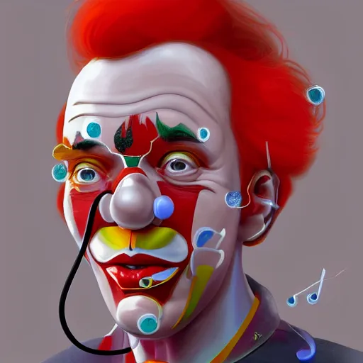 Image similar to a portrait of Ronald McDonald with red clown nose wearing headset microphone in the MSPWAVES studio, music notes in background, symmetrical facial features, intricate, elegant, highly detailed, digital painting, trending on Artstation, concept art, smooth, sharp focus, illustration, in the style of artgerm and greg rutkowski and alphonse mucha