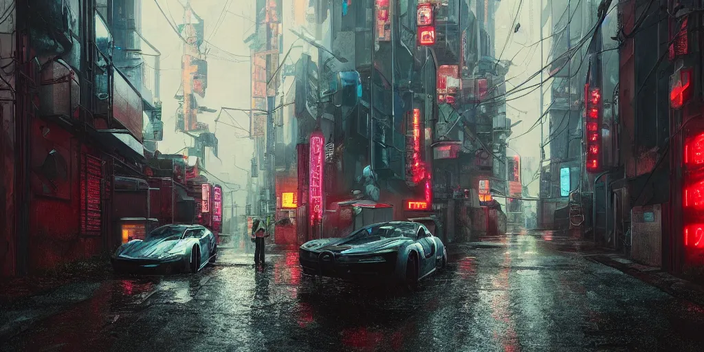 Image similar to Cyberpunk back alley with a futuristic car in the foreground on a rainy day in Japan, low angle view, detailed matte painting, cinematic, Simon Stalenhag, Artstation