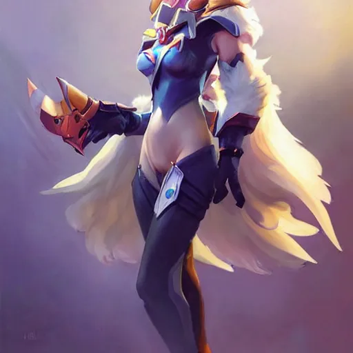 Image similar to greg manchess portrait painting of partially armored ahri as overwatch character, medium shot, asymmetrical, profile picture, organic painting, sunny day, matte painting, bold shapes, hard edges, street art, trending on artstation, by huang guangjian and gil elvgren and sachin teng