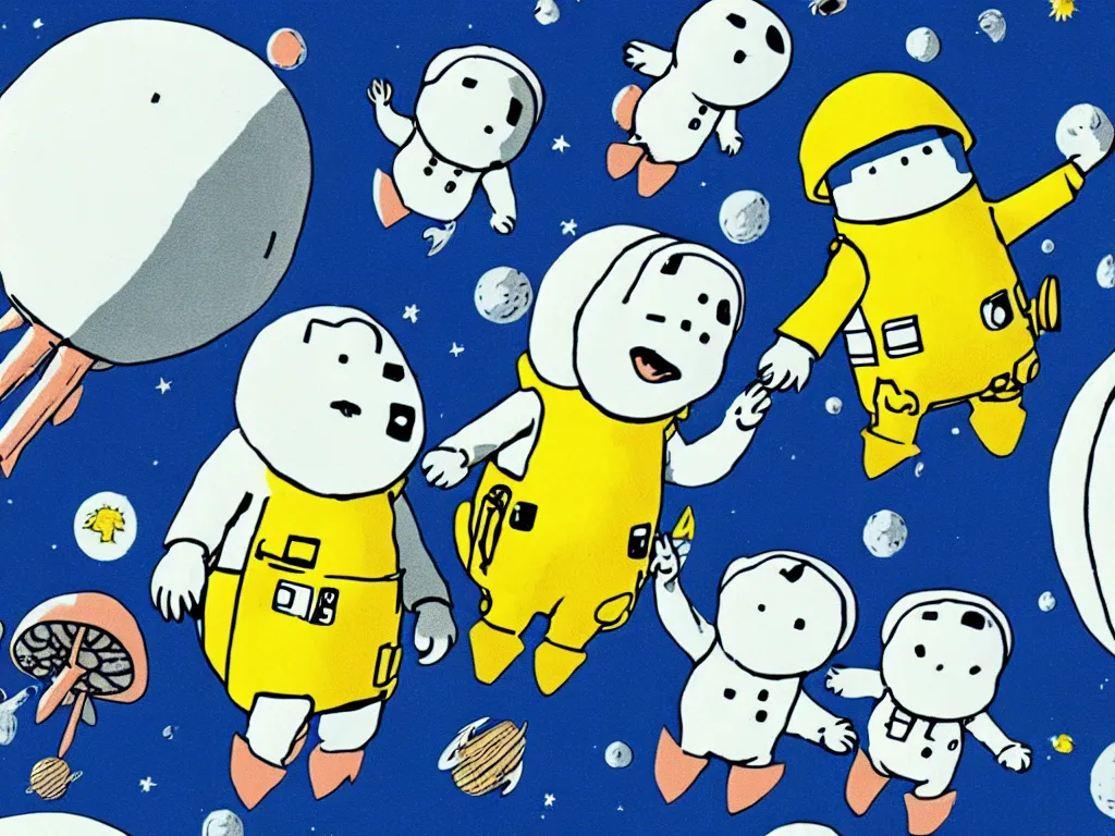 Image similar to moomins in space suits flying around with jetpacks discovering the mushroom planet