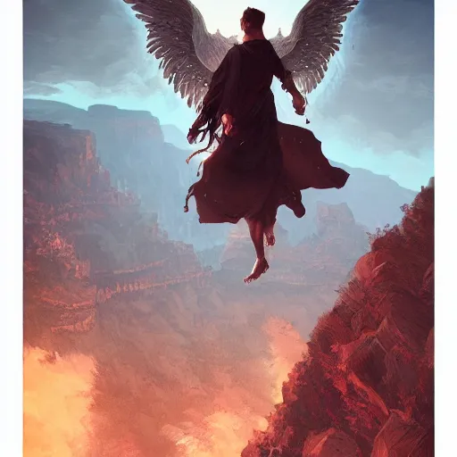 Image similar to angel protecting man falling from a cliff, detailed intricate ink illustration, happy atmosphere, detailed illustration, hd, 4k, digital art, overdetailed art, by greg rutkowski, by loish, complementing colors, Trending on artstation, movie poster style