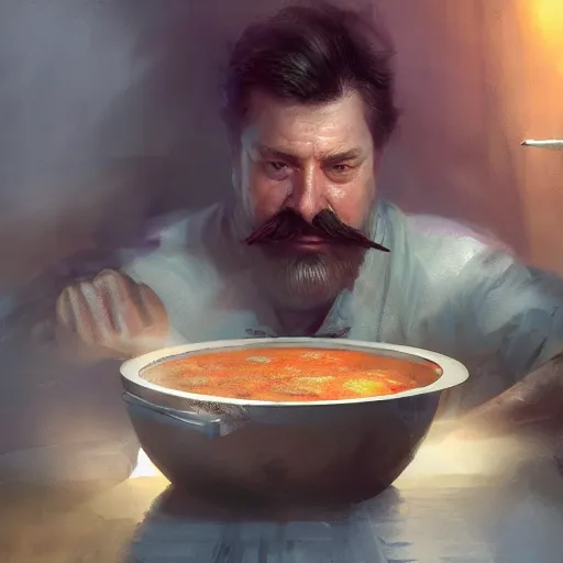 Prompt: A chef with a big mustache proundly making a soup, digital painting, artstation, concept art, Craig Mullins, Breathtaking, 8k resolution, extremely detailed, beautiful, establishing shot, artistic, hyperrealistic, octane render, cinematic lighting, dramatic lighting, masterpiece, light brazen, extremely detailed and beautiful face