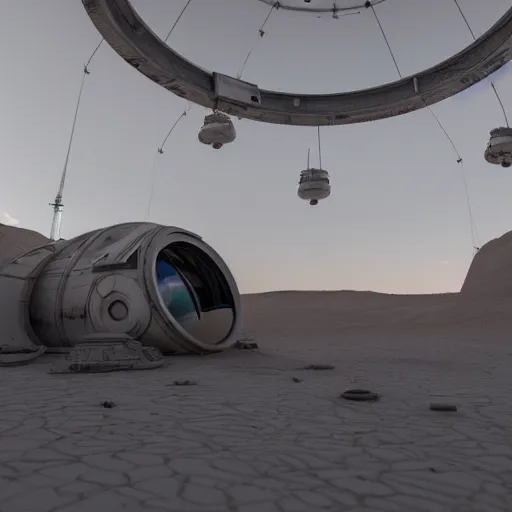 Prompt: an alien spaceship, low angle perspective view, 3 d render, photorealistic 3 d ship model, abandoned space station in desert alien land, photo 8 k film shoot