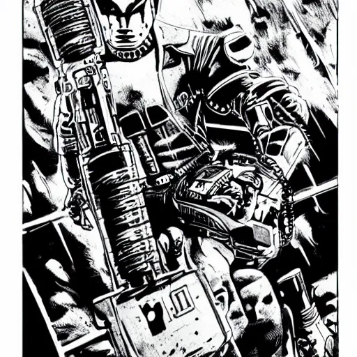 Image similar to sci - fi, dystopian bounty hunter, art by kevin eastman, black and white