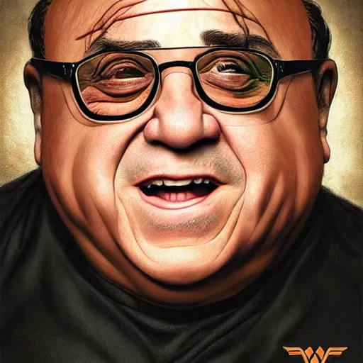 Image similar to danny devito with bald head and wonder woman costume on, digital painting, extremely detailed, 4 k, intricate, brush strokes, mark arian, artgerm, bastien lecouffe - deharme