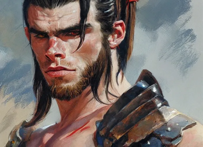 Image similar to a highly detailed beautiful portrait of gareth bale as kratos, by gregory manchess, james gurney, james jean