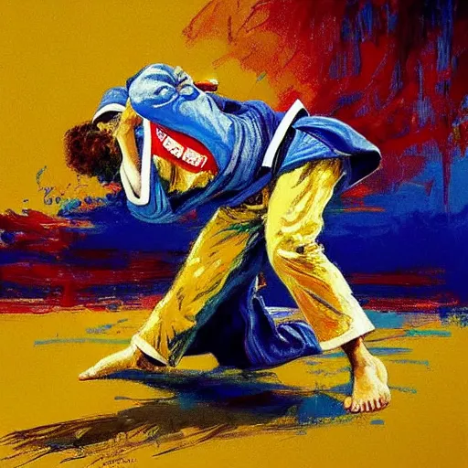 Prompt: judoka by leroy neiman, intricate, ultra detailed painting, atmospheric lighting, golden hour