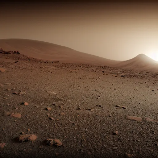 Image similar to first step on mars, foggy atmosphere, bright, high resolution