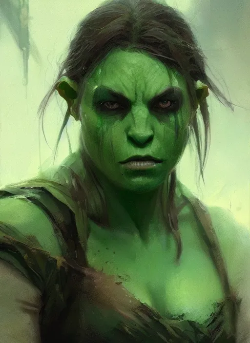 Prompt: a sad green orc female, light green tone beautiful face by jeremy mann, greg rutkowski, noah bradley, digital painting