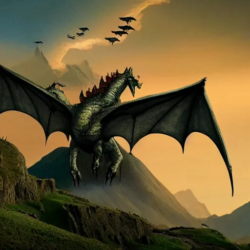 Prompt: 100 dragons in lotr style flying towards a giant mountain