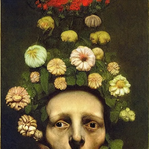 Image similar to a severed head with flowers and plants growing, by Odd Nerdrum, by Francisco Goya, by M.C. Escher, beautiful, eerie, surreal, colorful