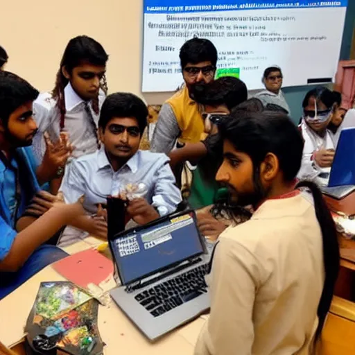 Prompt: Indian students working on a robot as an anime