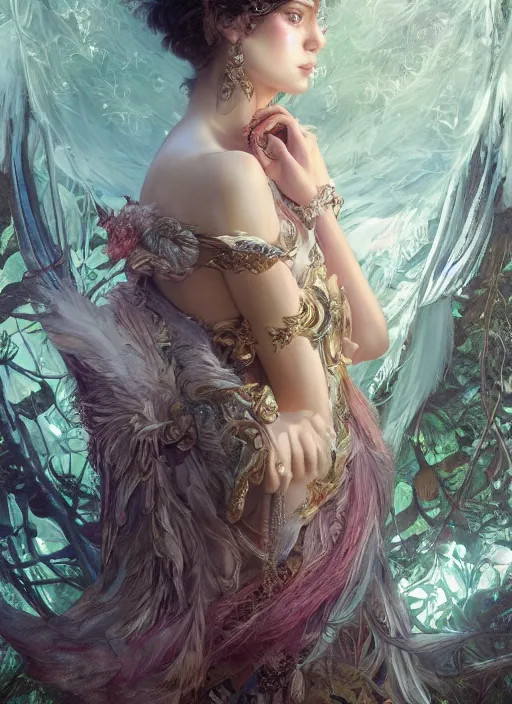 Prompt: real photoshoot heaven goddess, wearing a feathered cloak and a fancy silk floral dress, ornate, ultra realistic, concept art, intricate details, eerie, highly detailed, photorealistic, octane render, 8 k, unreal engine. art by artgerm and greg rutkowski and charlie bowater and magali villeneuve and alphonse mucha