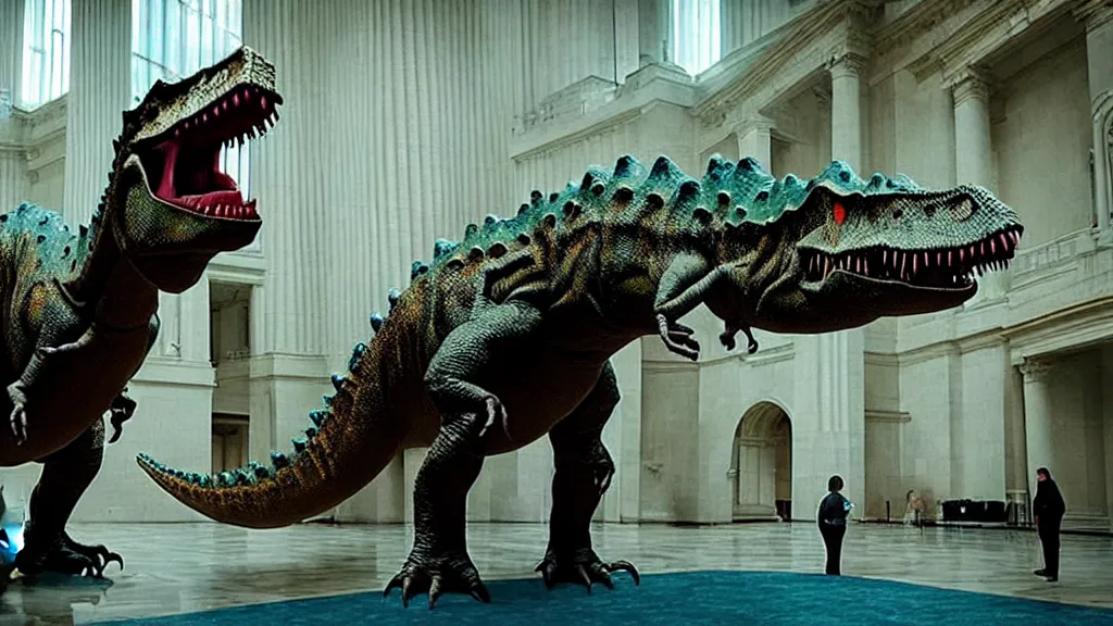 Image similar to the strange dinosaur in city hall, made of wax and water, film still from the movie directed by Denis Villeneuve with art direction by Salvador Dalí, wide lens