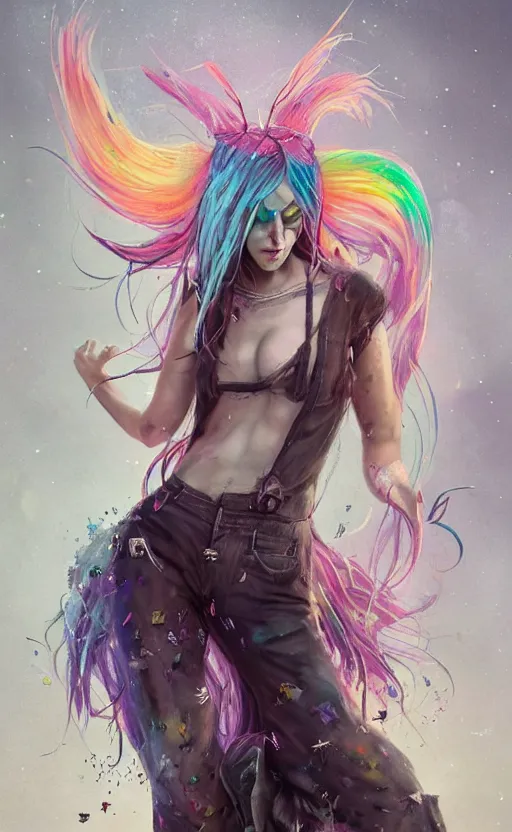 Prompt: a grungy butterfly woman with rainbow hair, drunk, angry, soft eyes and narrow chin, dainty figure, long hair straight down, torn overalls, basic white background, side boob, symmetrical, single person, style of by Jordan Grimmer and greg rutkowski, crisp lines and color,