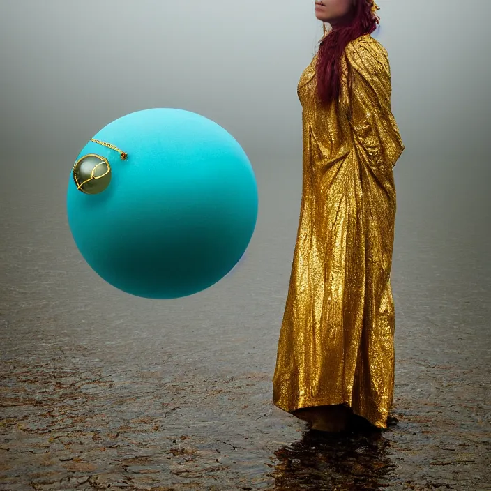 Prompt: a color photograph, closeup portrait of a woman wrapped in gold, standing next to a levitating turquoise orb, in a foggy lake, color photograph, by vincent desiderio, canon eos c 3 0 0, ƒ 1. 8, 3 5 mm, 8 k, medium - format print