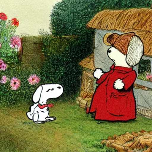 Image similar to Beatrix Potter illustration of Snoopy in a cottage garden