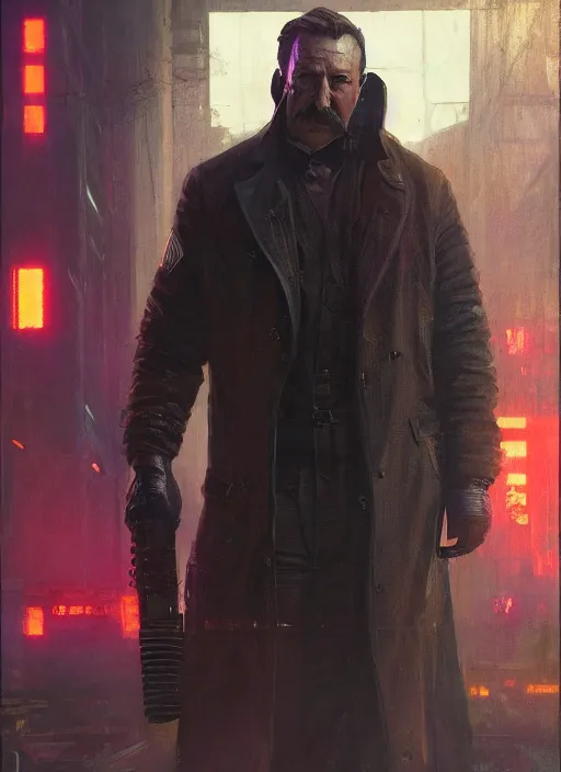 Prompt: Howard Taft. Cyberpunk assassin in tactical gear. blade runner 2049 concept painting. Epic painting by Craig Mullins and Alphonso Mucha. ArtstationHQ. painting with Vivid color. (rb6s, Cyberpunk 2077, matrix)