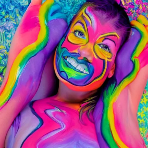 Prompt: woman covered in body paint by lisa frank