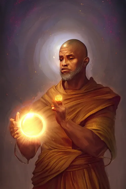 Image similar to monk holding an orb of light. fantasy, digital painting, hd, detailed.