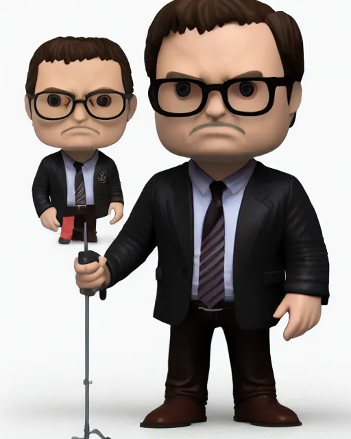 Prompt: full body 3d render of Dwight Schrute from the office as a funko pop, studio lighting, white background, blender, trending on artstation, 8k, highly detailed