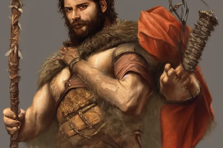 Image similar to renaissance full body portrait of a gruff ranger with a spear, lean and toned, handsome face, hairy chest and hairy body, D&D, intricate, elegant, highly detailed, digital painting, artstation, concept art, matte, sharp focus, chiaroscuro, well list, illustration, art by Da Vinci, Artgerm and Greg Rutkowski and Alphonse Mucha