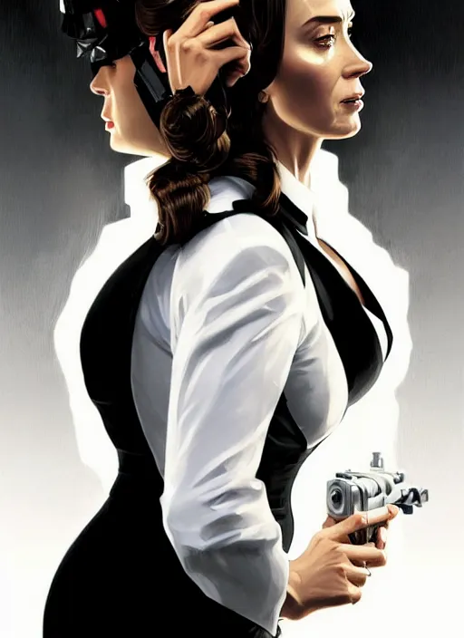 Prompt: portrait of emily blunt with snake eyes as business woman, black suit, white shirt, black tie, intricate, headshot, highly detailed, digital painting, artstation, concept art, sharp focus, cinematic lighting, illustration, art by artgerm and greg rutkowski, alphonse mucha, cgsociety