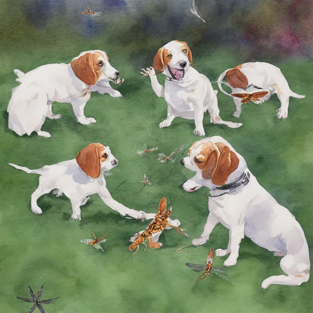 Prompt: water color painting of a white and caramel beagle dog playing with dragonfly in a backyard, harsh lighting, detailed, trending on artstation, dull pastel colors, bright, god rays, dreamy, trending on artstation