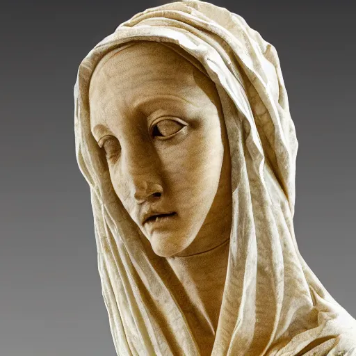 Image similar to a masterpiece marble sculpture of the veiled virgin, subsurface cracks, !dramatic !face, !female, covered in intricate !detailed golden !!streaked veil , physically based rendering, photo realistic, top light , dark background