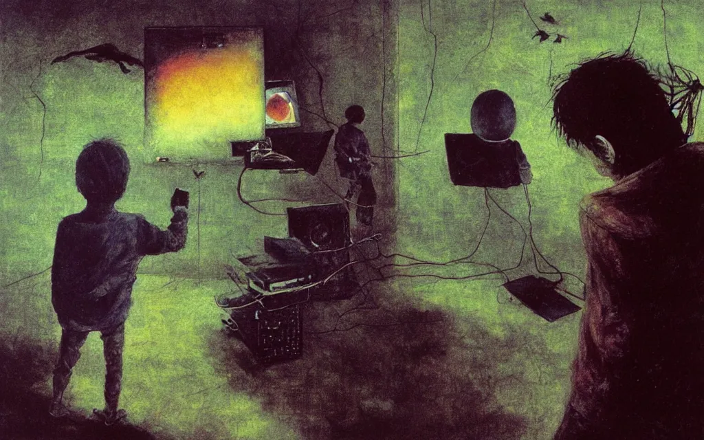 Prompt: early color photo of an boy standing and looking at an old PC computer monitor from 90s in an old soviet apartment and looking at the scared enlightened boy flying up in sky, Beksinski impasto painting, part by Adrian Ghenie and Gerhard Richter. art by Takato Yamamoto, masterpiece