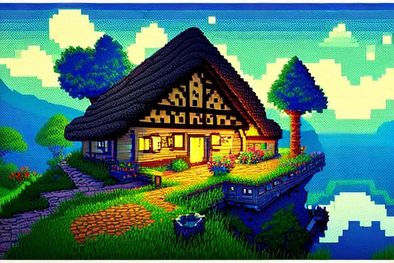 Image similar to view of a cottage above an azure lake, beautiful detailed pixelart by albertov and by kirokaze, intricate details, dithered gradients, beautiful, volumetric lighting, cgsociety, artstation