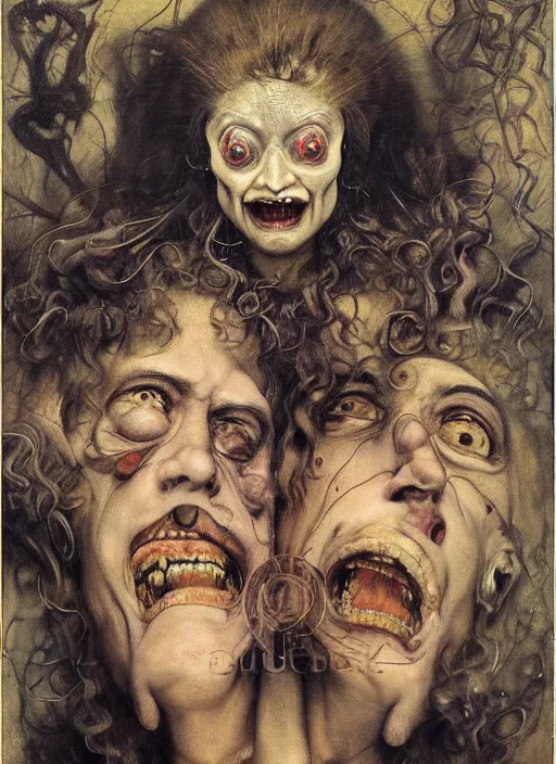 Prompt: hyper realistic painting of laughter, detailed faces, in the style of pollock, mc escher, austin osman spare, wayne barlowe, gustav moreau, goward, gaston bussiere and roberto ferri, santiago caruso, bouguereau, klimt, saturno butto, sorayama. occult art, alchemical diagram