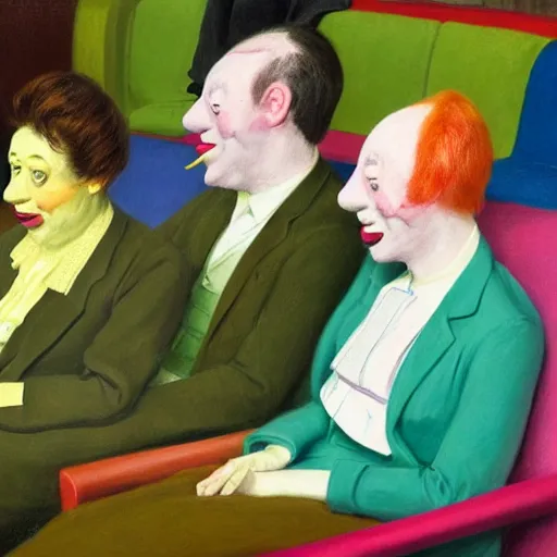 Prompt: a highly detailed portrait close up art painting of british members of parliament in the house of commons wearing pastel coloured clown costumes with pleasant oversized joyful faces, they are smoking. in the style of edward hopper, richard hamilton. concept art. green leather benches. coloured by rembrandt. photographic. no artefacts, minimal noise. desaturated. high fidelity facial portrait. 8 k