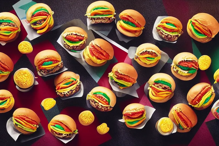 Image similar to mcdonalds rainbow hamburgers, commercial photograph taken on table