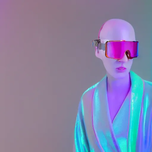 Image similar to an ultra high definition professional studio quality photograph of a transparent iridescent perspex pastel coloured robe and matching goggles on white coat hook in an empty white room. dramatic lighting, ray tracing, refraction, shallow d. o. f, colour corrected, golden ratio, three point light. volumetric shadows. god rays.