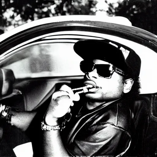 Prompt: eazy - e rolling down the street smoking indo, sipping on gin and juice, laid back, with his mind on his money and his money on his mind.