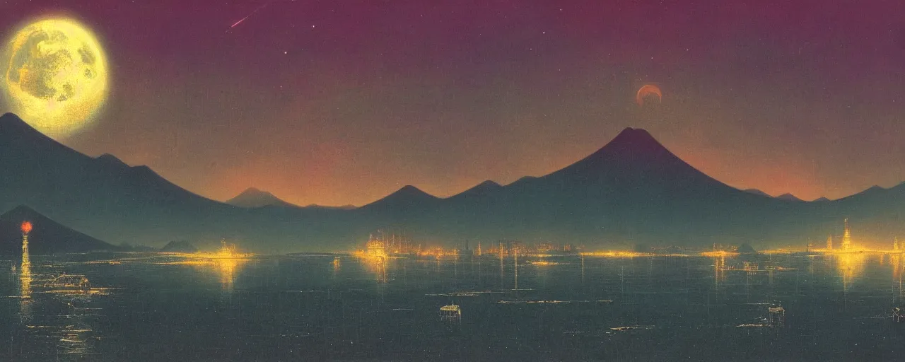 Image similar to awe inspiring bruce pennington landscape, digital art painting of 1 9 6 0 s, old japan at night, 4 k, matte