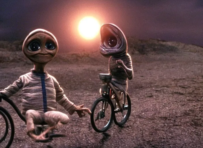 Image similar to the movie et except the alien is mr bean bicycle scene