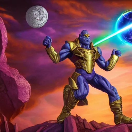 Image similar to gauntlet of thanos by don bluth, hyperdimensional sci - fi background, highly detailed, dynamic shadows render by keyshot