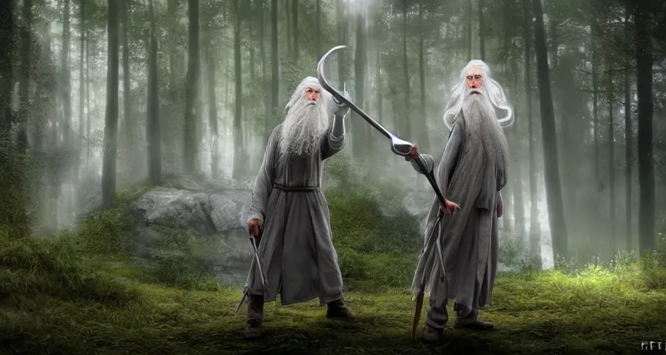 Prompt: A beautiful hyper realistic ultra detailed lifelike matte painting of Gandalf the grey throwing a magic gigantic fork spell towards beehive in forest, unreal engine, deviantart, flickr, artstation, octane render, textured, colorful, extreme realistic detail, physically based rendering, pbr render, very detailed, volumetric lighting, detailed lighting, octane render, 4k, cinematic lighting, 8k resolution