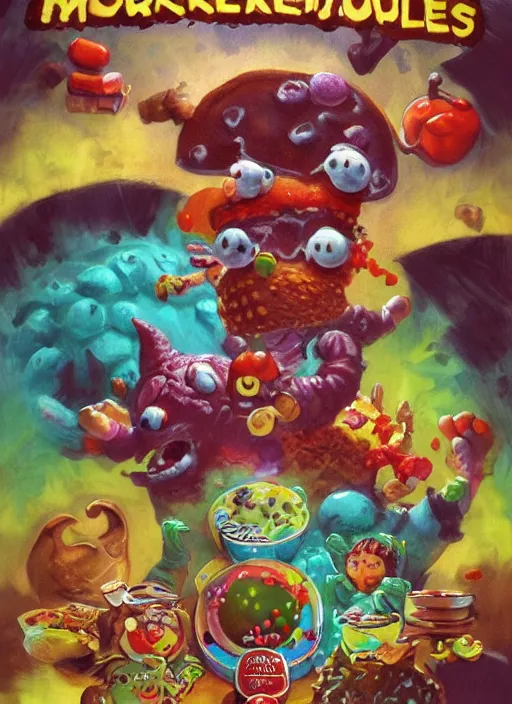 Image similar to good morning pancake and coffee monsters , breakfast monster ,doughnuts, cereal, waffles, colorful, digital art, fantasy, magic, trending on artstation, ultra detailed, professional illustration,chalk, poster artwork by Basil Gogos , clean