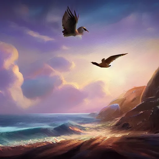 Prompt: painterly concept art landscape with oceans, clouds, and birds