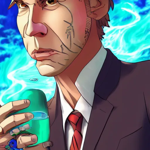 Image similar to portrait of saul goodman wielding the element of poison magecraft, water, anime fantasy illustration by tomoyuki yamasaki, kyoto studio, madhouse, ufotable, trending on artstation