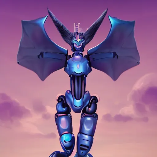 Image similar to digital art full body cinematic shot of cute and beautiful anthro female robot dragon standing in front of the camera, has two adorable blue eyes on a smooth draconic head with two horns, a sleek yet elegant design, with two big epic wings behind her, two arms that have sharp claws, two legs, a long tail behind her. the background is of the beach at night; high quality digital art, artstation, deviantart, furaffinity, high quality details