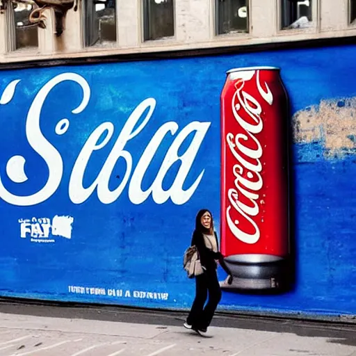 Prompt: blue coca cola ad in the city