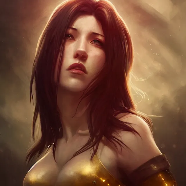 Image similar to majestic gracious seductive tifa lockhart portrait, atmospheric lighting, painted, menacing, intricate, volumetric lighting, beautiful, rich deep colours masterpiece, golden hour, sharp focus, ultra detailed, by leesha hannigan, ross tran, thierry doizon, kai carpenter, ignacio fernandez rios