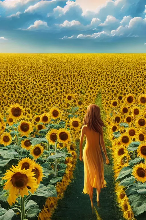 Image similar to a girl slowly walking through amazing tall sunflower field, hair flowing, fanart, by concept artist gervasio canda, behance hd by jesper ejsing, by rhads kuvshinov, rossdraws global illumination radiating a glowing aura global illumination ray tracing hdr render in unreal engine 5, tri - x pan stock, by richard avedon