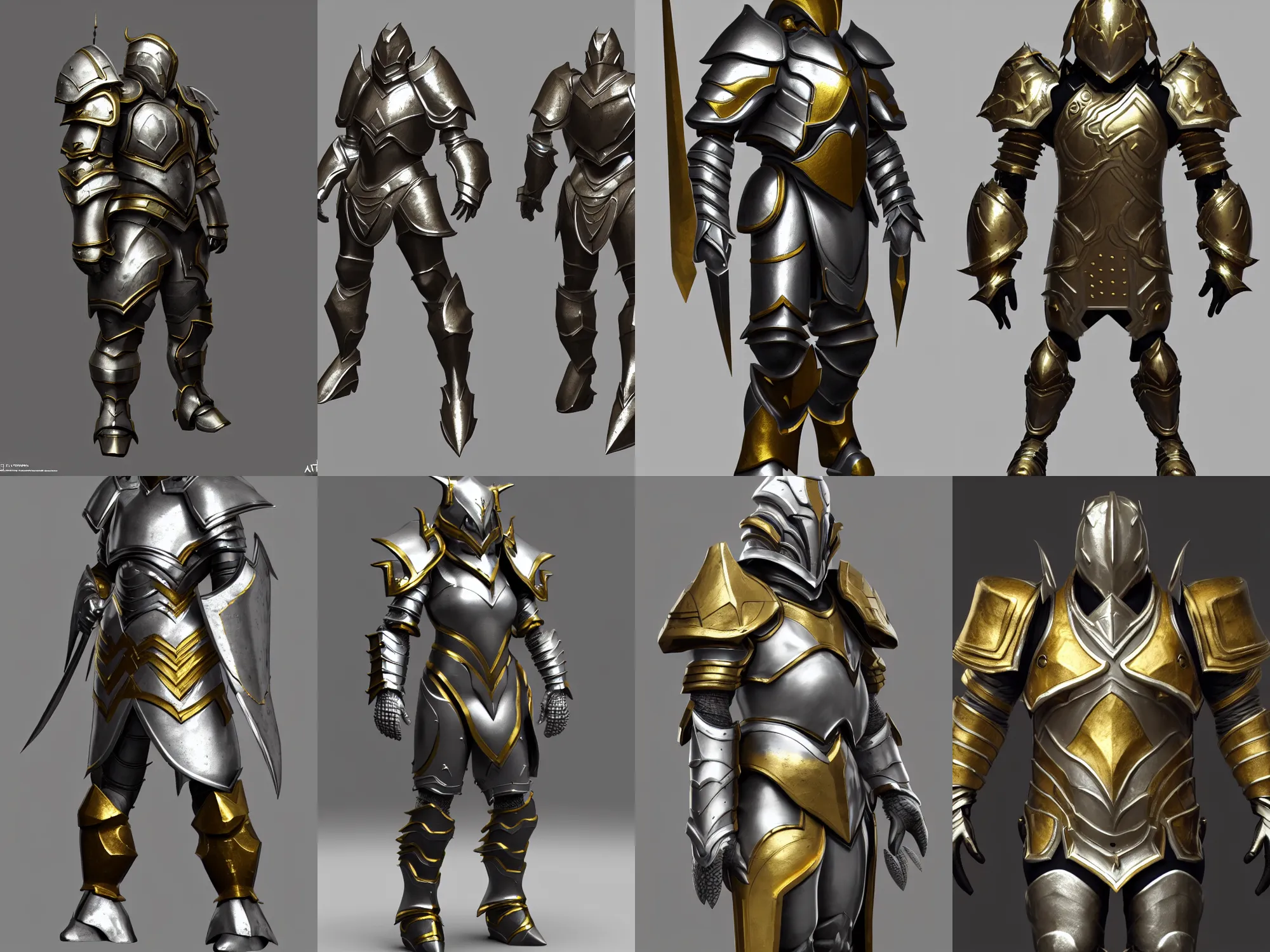 Prompt: heavy fantasy armor, silver with gold trim, extremely clean, exaggerated proportions, trending on Artstation, fantasy character concept, HD Octane render, 8K